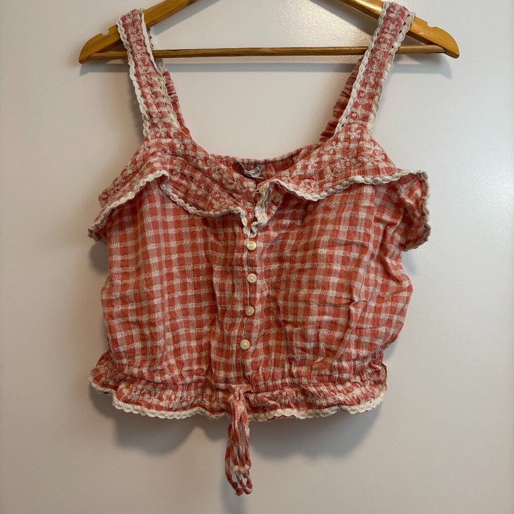 Crop Ruffle Blouse - Peach and White Gingham